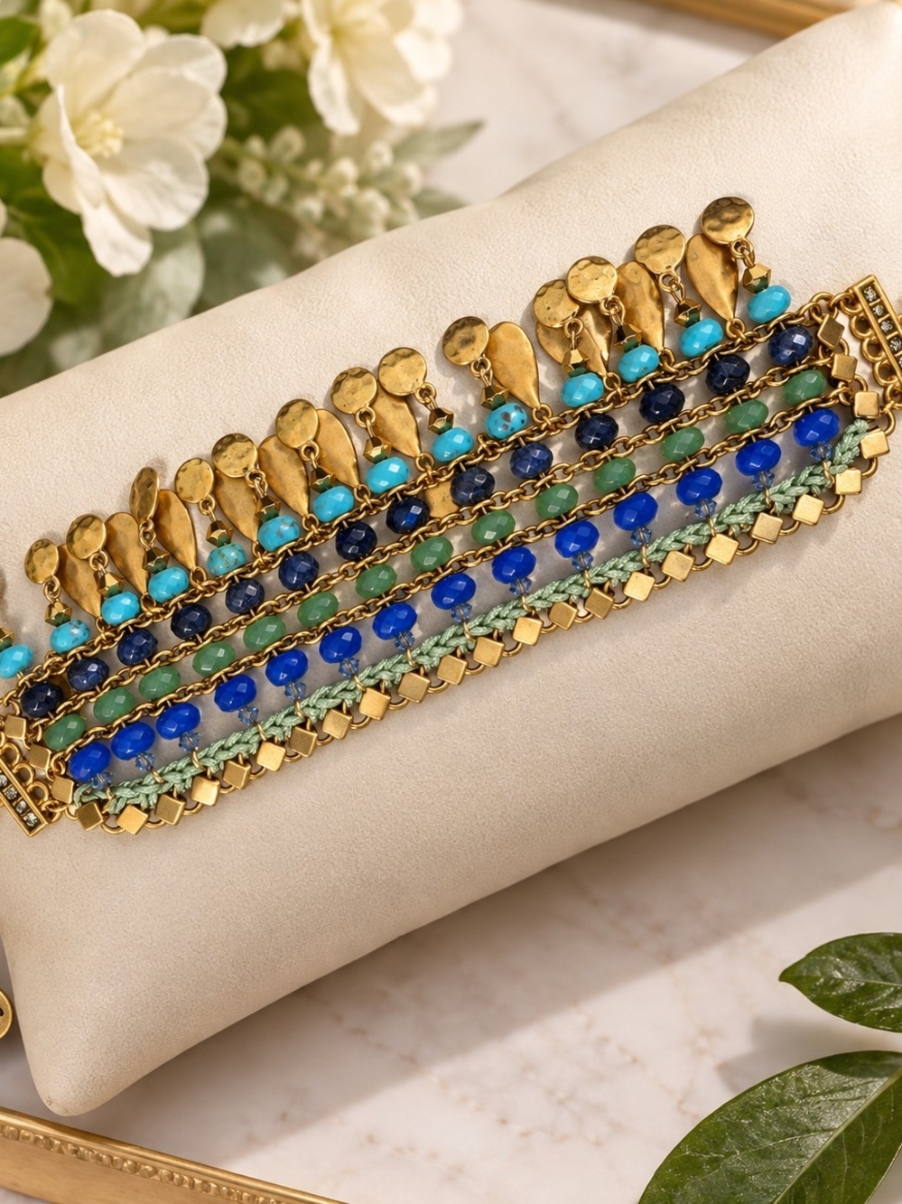 Gold-Tone Multi-Row Beaded Bracelet with Blue & Turquoise Accents